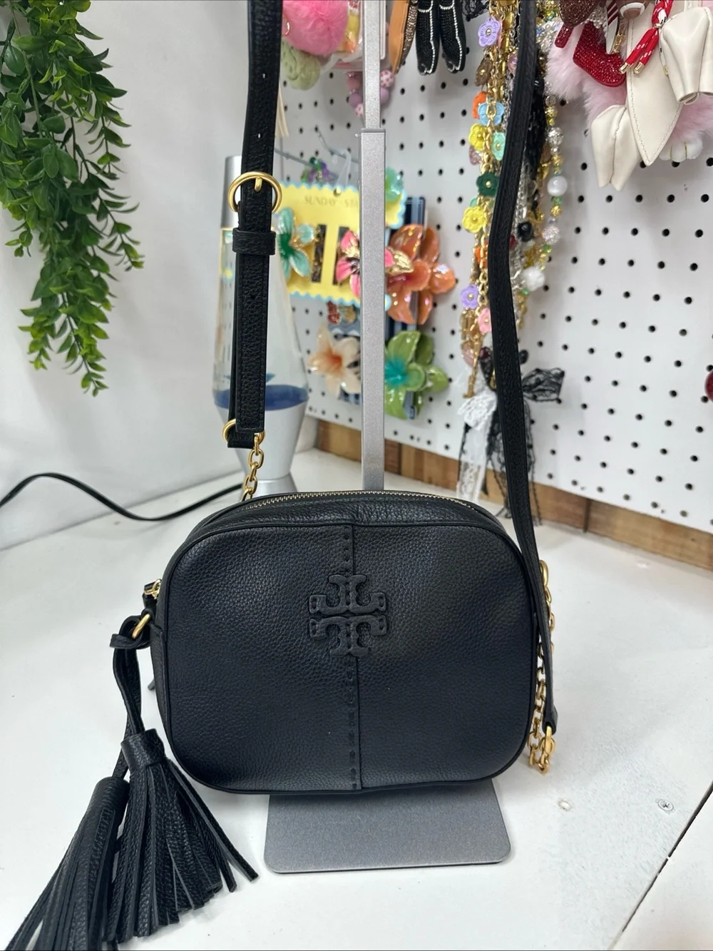 Tory Burch McGraw Crossbody tassle bag black pebbled leather Double T logo.
